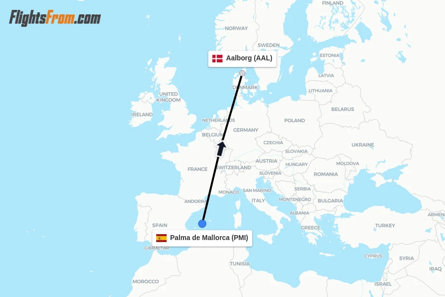 Flights from Palma de Mallorca to Aalborg route map