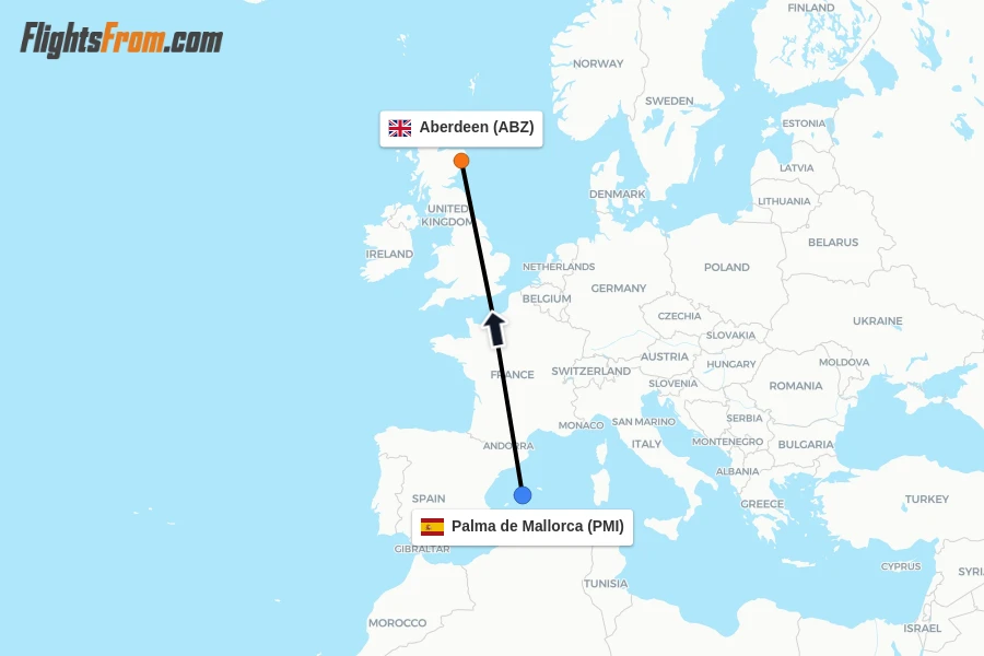 Flights from Palma de Mallorca to Aberdeen route map