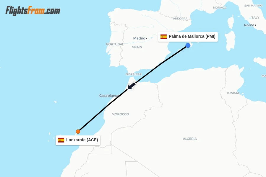 Flights from Palma de Mallorca to Lanzarote route map