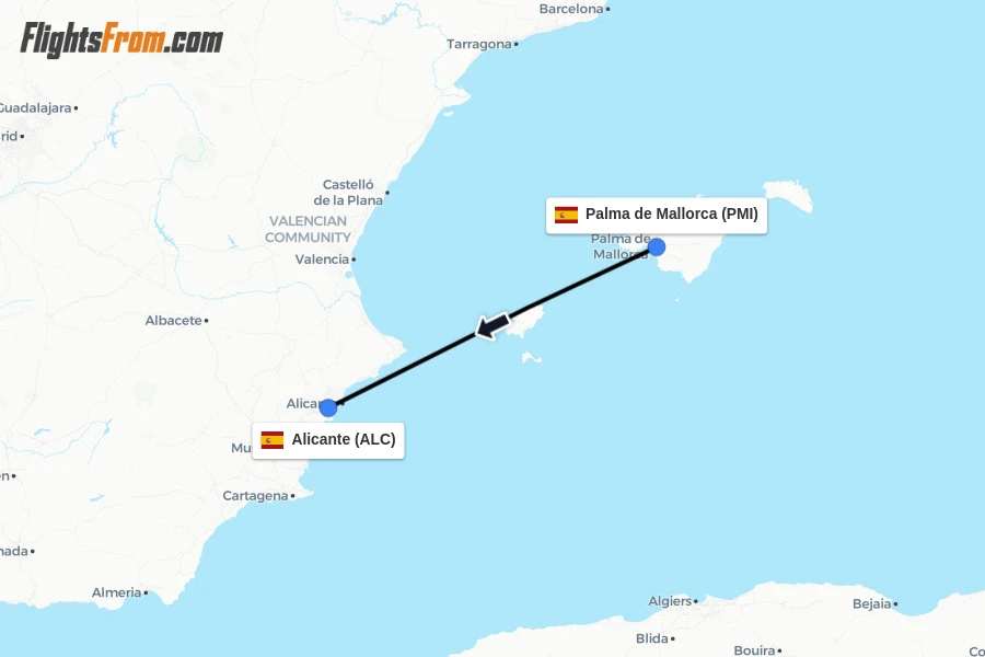 Flights from Palma de Mallorca to Alicante route map