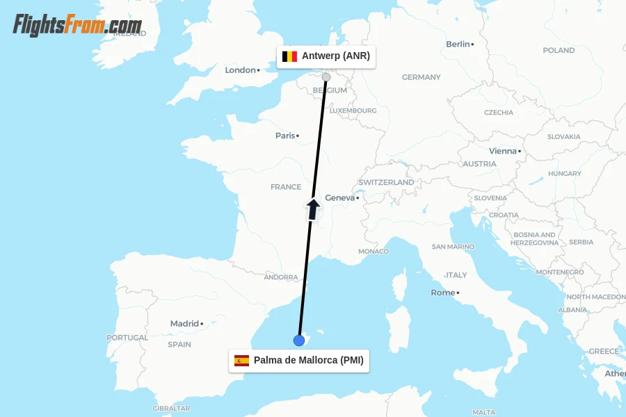 Flights from Palma de Mallorca to Antwerp route map