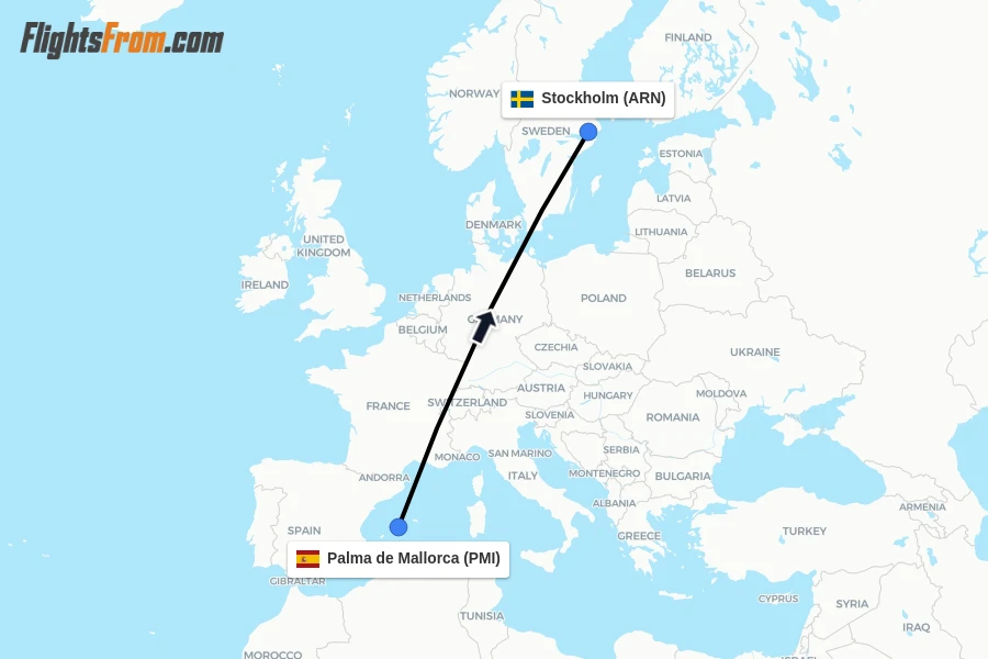Flights from Palma de Mallorca to Stockholm route map