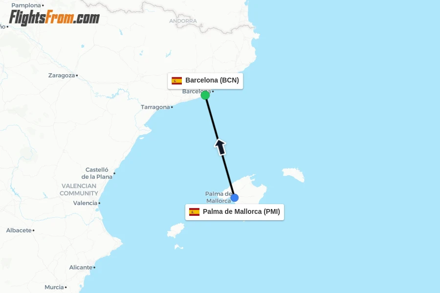 Flights from Palma de Mallorca to Barcelona route map