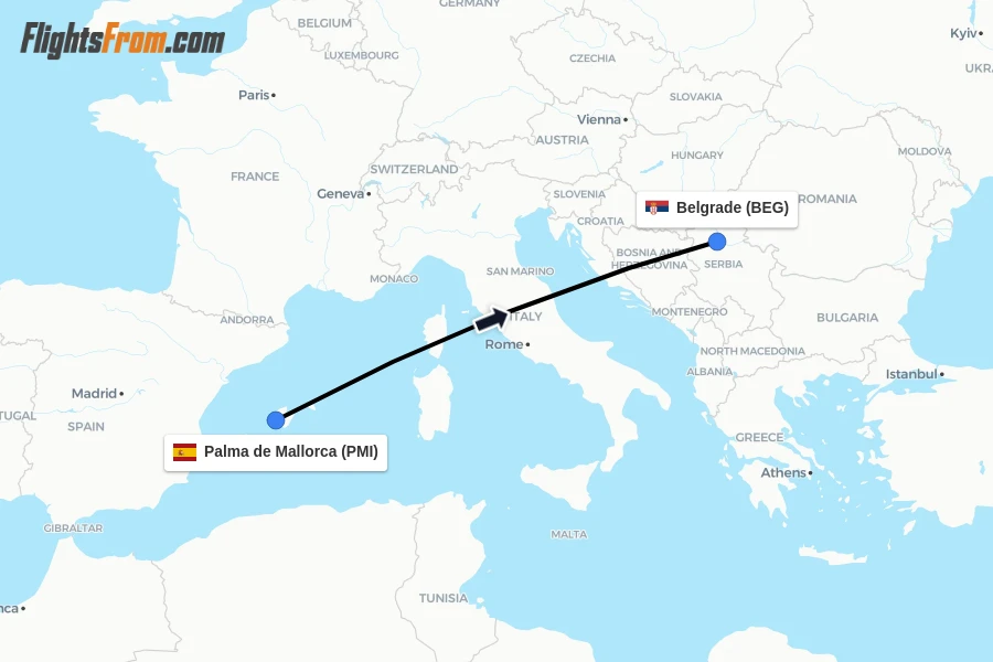 Flights from Palma de Mallorca to Belgrade route map