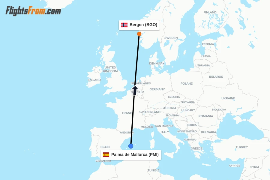 Flights from Palma de Mallorca to Bergen route map