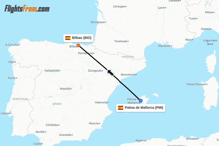 Flights from Palma de Mallorca to Bilbao route map
