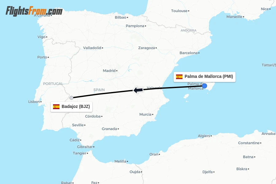 Flights from Palma de Mallorca to Badajoz route map