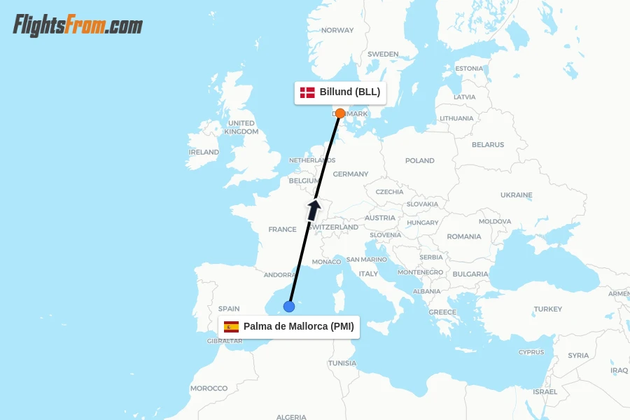 Flights from Palma de Mallorca to Billund route map