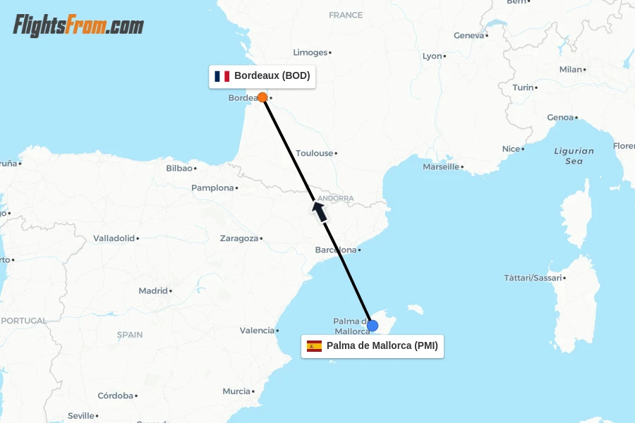 Flights from Palma de Mallorca to Bordeaux route map