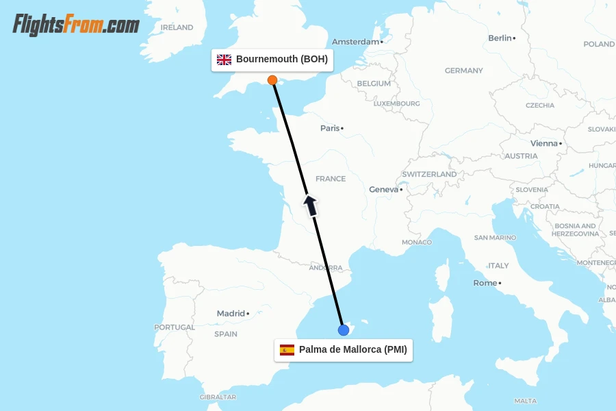 Flights from Palma de Mallorca to Bournemouth route map