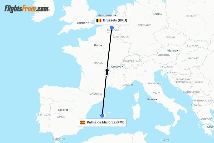 Flights from Palma de Mallorca to Brussels route map