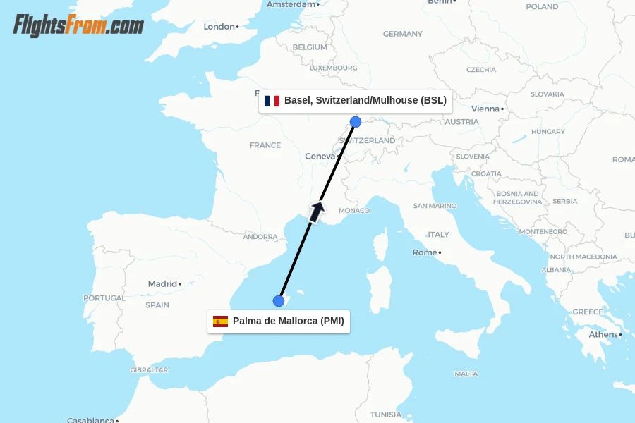 Flights from Palma de Mallorca to Basel, Switzerland/Mulhouse route map