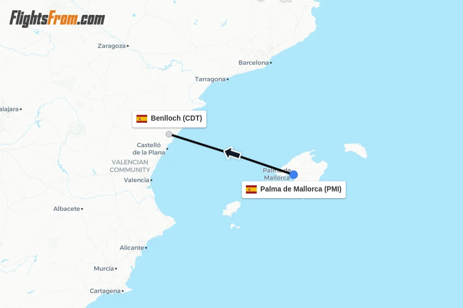 Flights from Palma de Mallorca to Benlloch route map