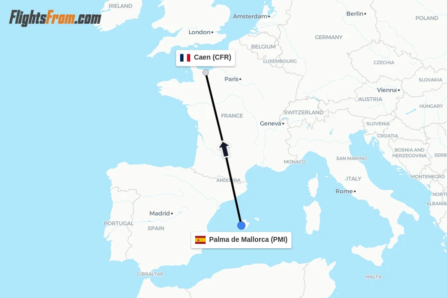 Flights from Palma de Mallorca to Caen route map