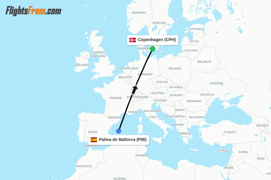 Flights from Palma de Mallorca to Copenhagen route map
