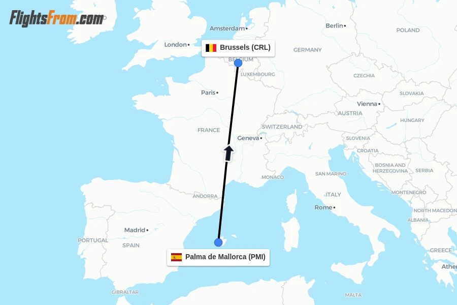 Flights from Palma de Mallorca to Brussels route map