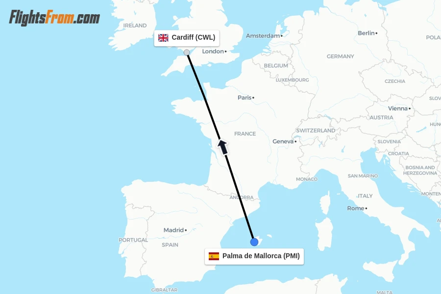 Flights from Palma de Mallorca to Cardiff route map