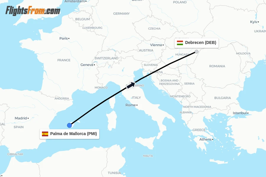 Flights from Palma de Mallorca to Debrecen route map