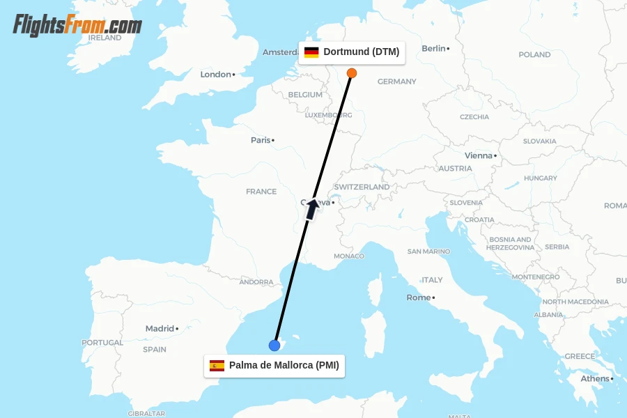 Flights from Palma de Mallorca to Dortmund route map