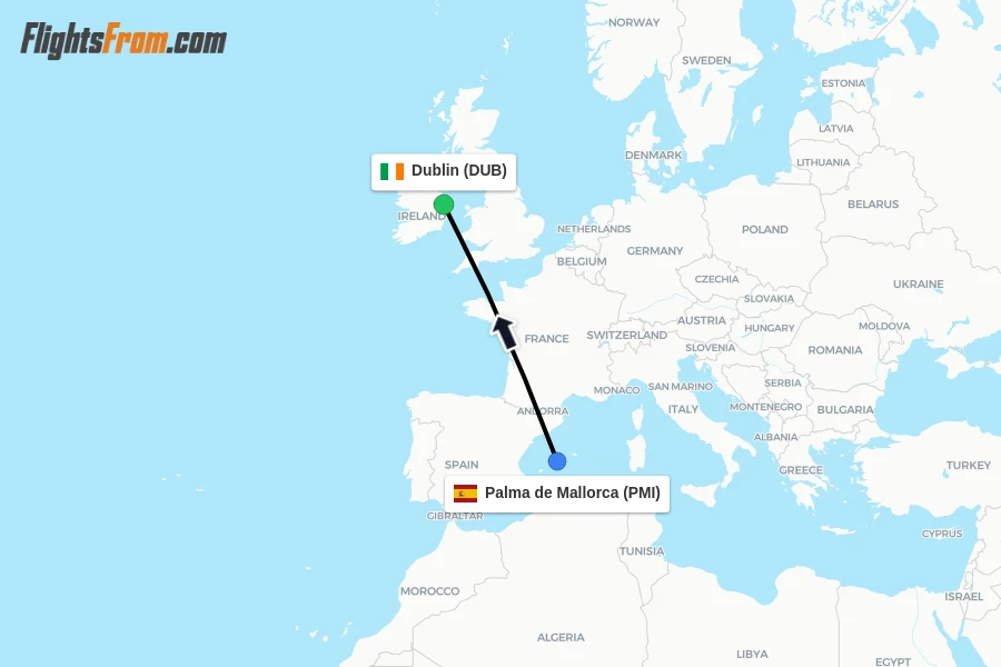 Flights from Palma de Mallorca to Dublin route map