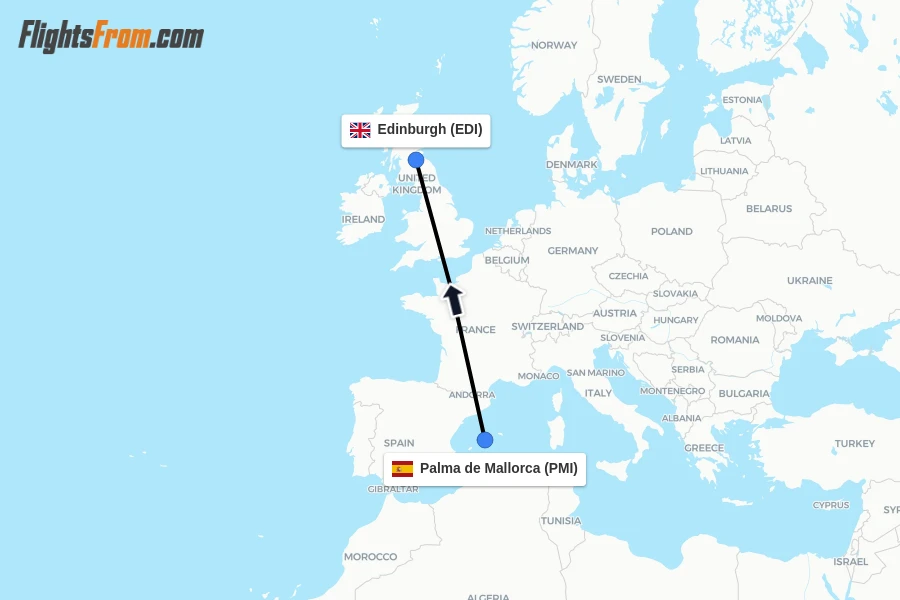 Flights from Palma de Mallorca to Edinburgh route map