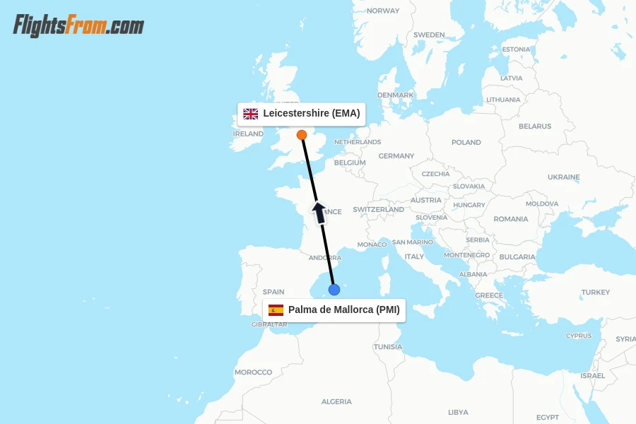 Flights from Palma de Mallorca to Leicestershire route map