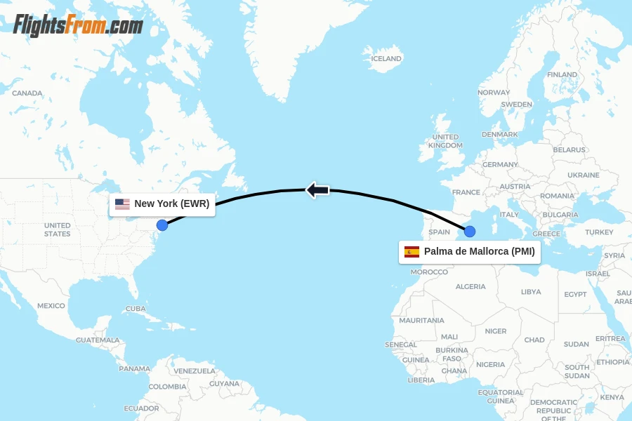 Flights from Palma de Mallorca to New York route map