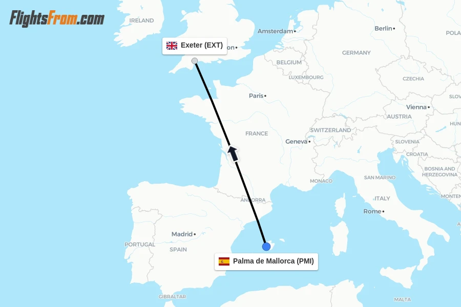 Flights from Palma de Mallorca to Exeter route map
