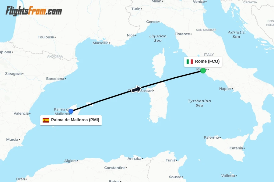 Flights from Palma de Mallorca to Rome route map