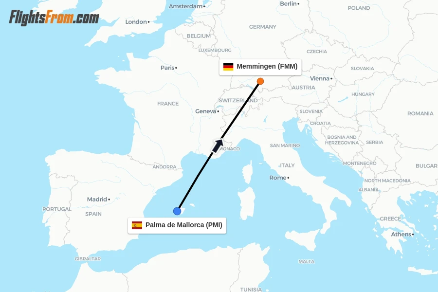 Flights from Palma de Mallorca to Memmingen route map