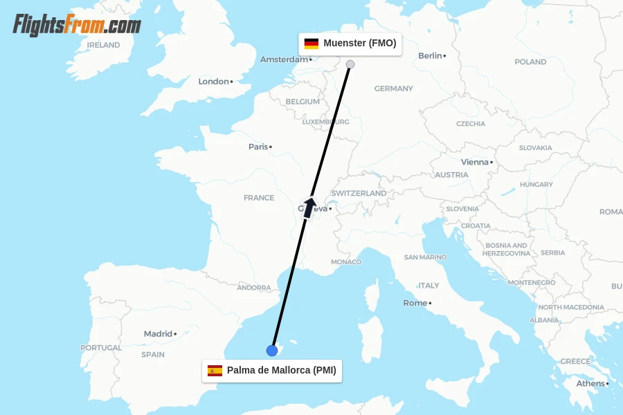 Flights from Palma de Mallorca to Muenster route map