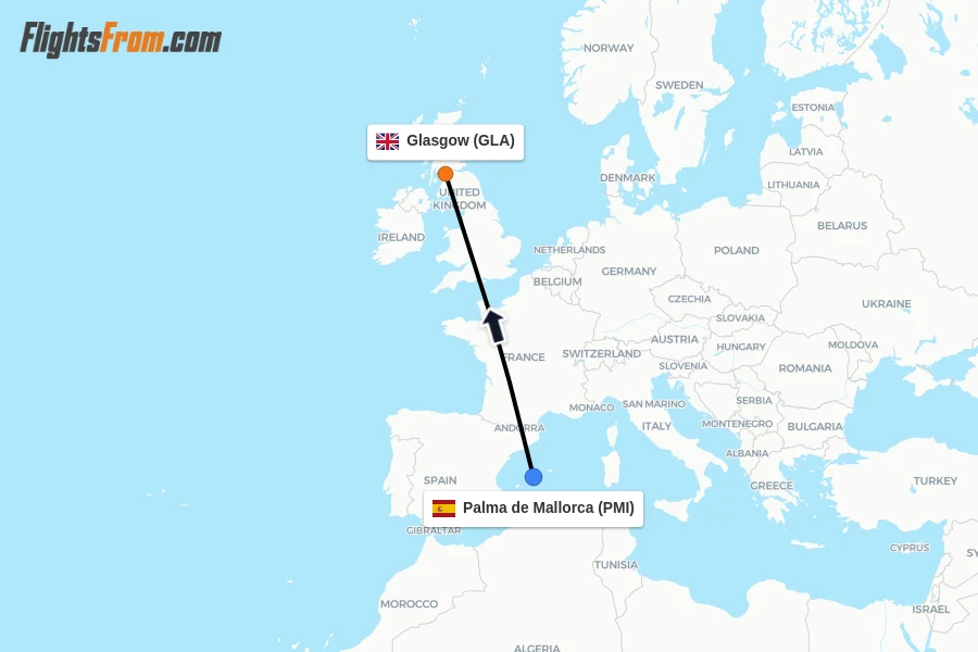 Flights from Palma de Mallorca to Glasgow route map