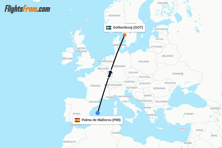 Flights from Palma de Mallorca to Gothenburg route map