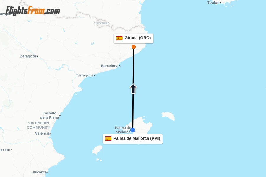 Flights from Palma de Mallorca to Girona route map