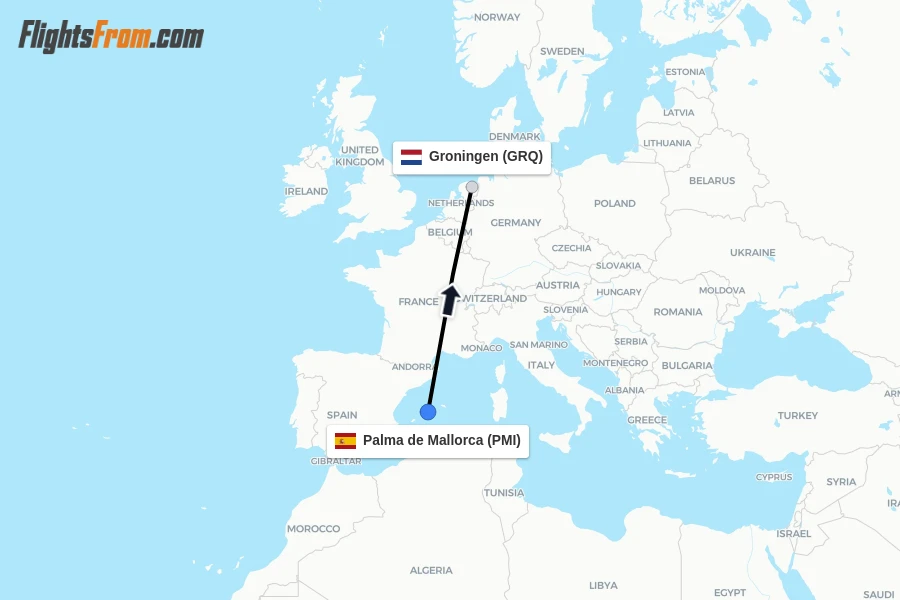 Flights from Palma de Mallorca to Groningen route map