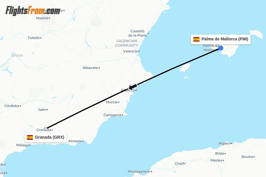 Flights from Palma de Mallorca to Granada route map
