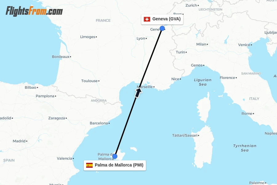 Flights from Palma de Mallorca to Geneva route map