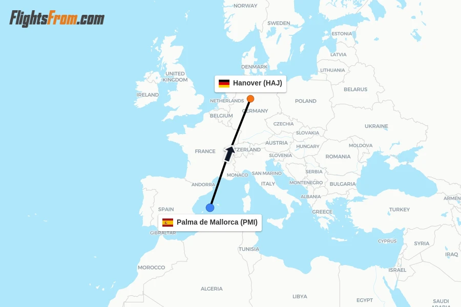 Flights from Palma de Mallorca to Hanover route map