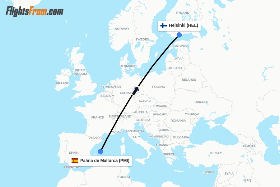 Flights from Palma de Mallorca to Helsinki route map