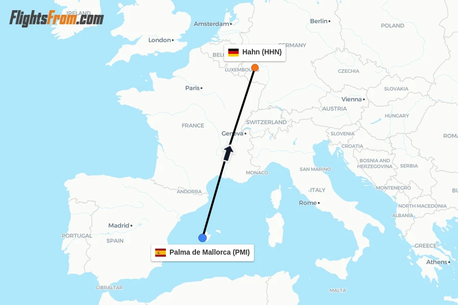 Flights from Palma de Mallorca to Hahn route map