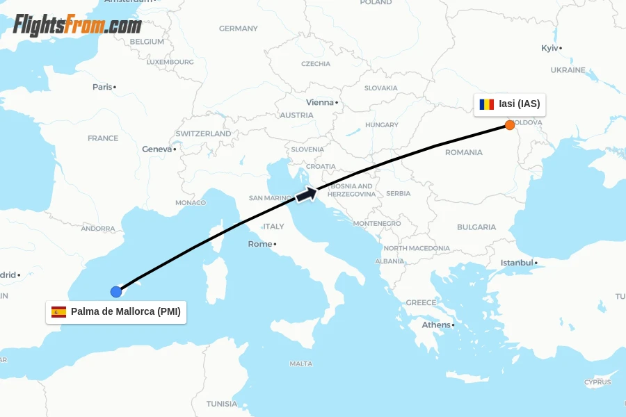 Flights from Palma de Mallorca to Iasi route map