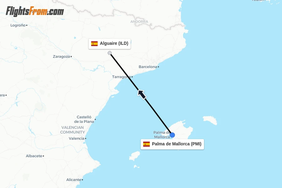 Flights from Palma de Mallorca to Alguaire route map