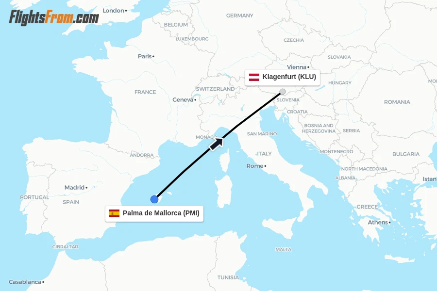 Flights from Palma de Mallorca to Klagenfurt route map