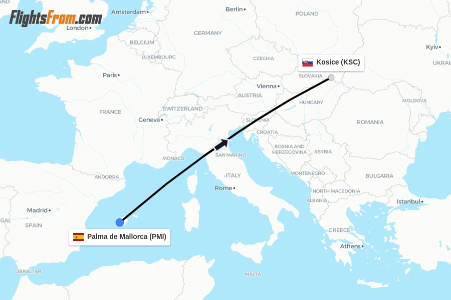 Flights from Palma de Mallorca to Kosice route map