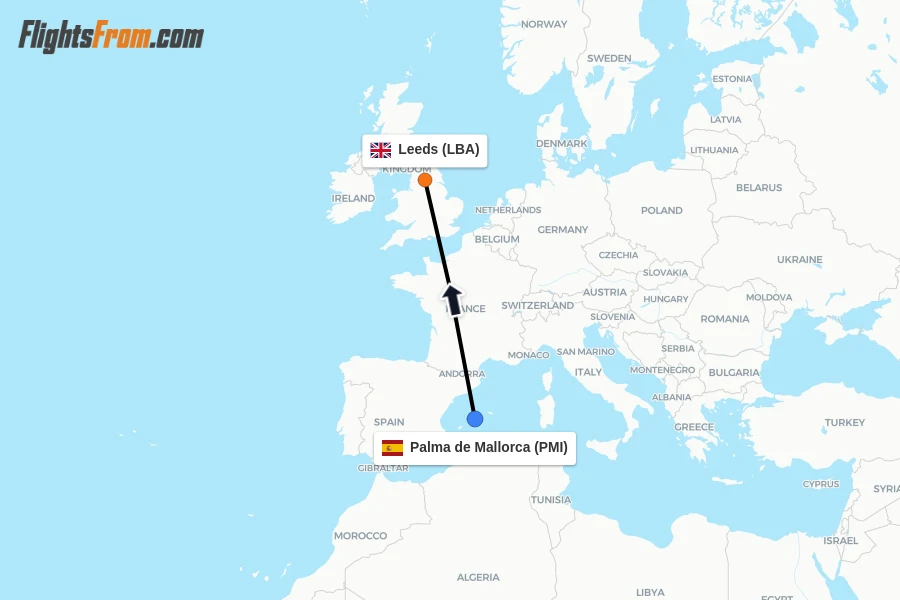 Flights from Palma de Mallorca to Leeds route map