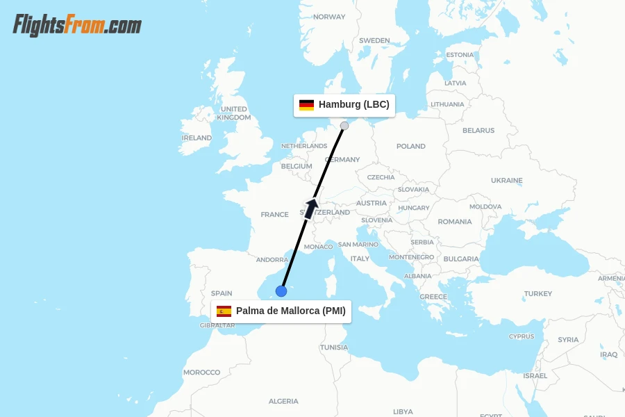 Flights from Palma de Mallorca to Hamburg route map