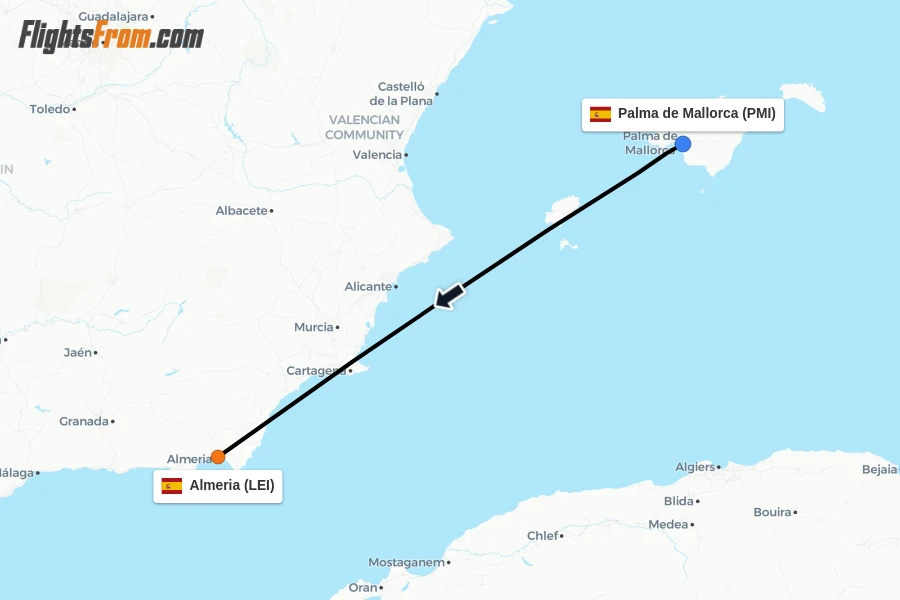 Flights from Palma de Mallorca to Almeria route map