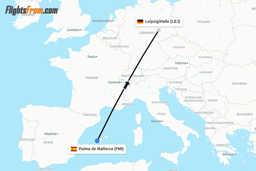 Flights from Palma de Mallorca to Leipzig/Halle route map