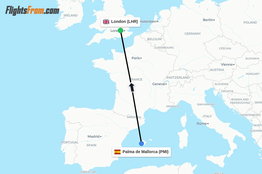 Flights from Palma de Mallorca to London route map