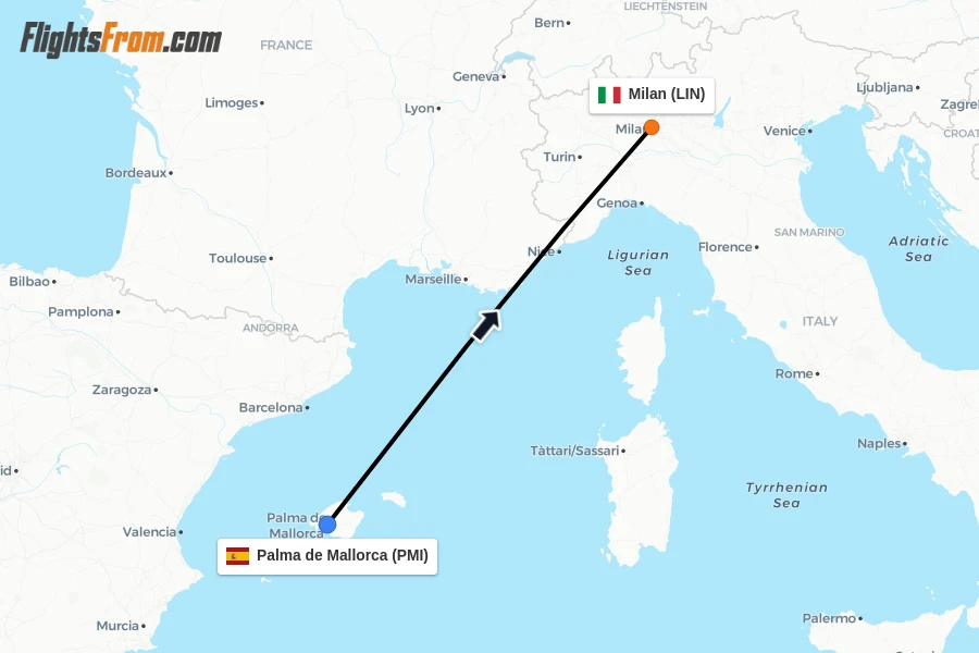 Flights from Palma de Mallorca to Milan route map